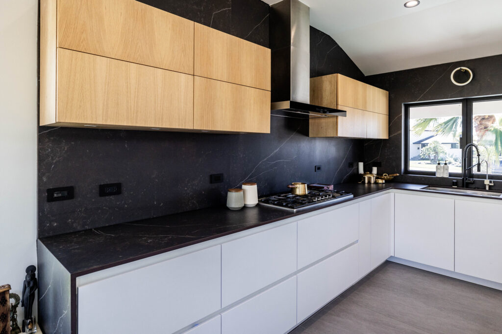 modern kitchen black white and wood