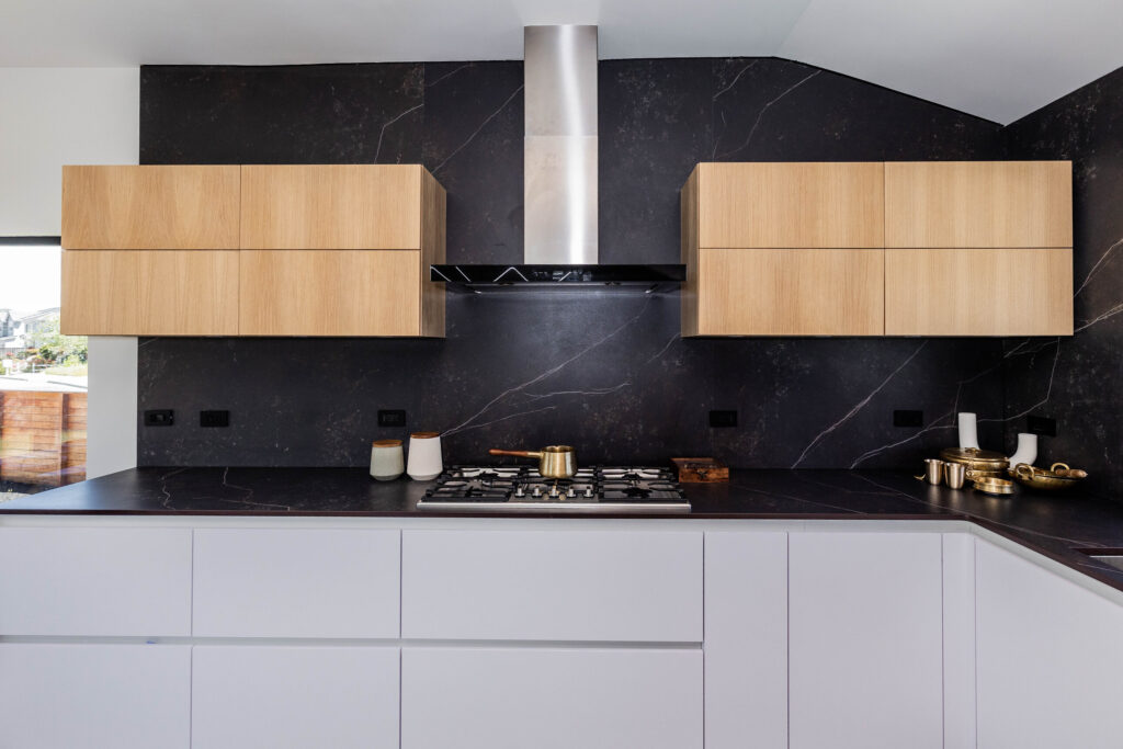 modern kitchen black white and wood